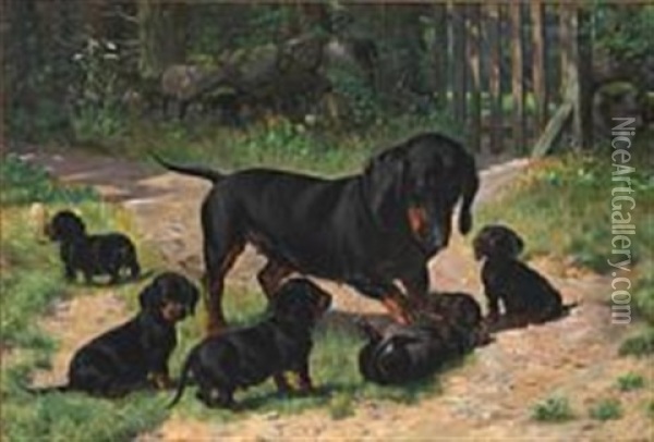A Dachshund With Her Five Puppies Oil Painting - Simon Simonsen