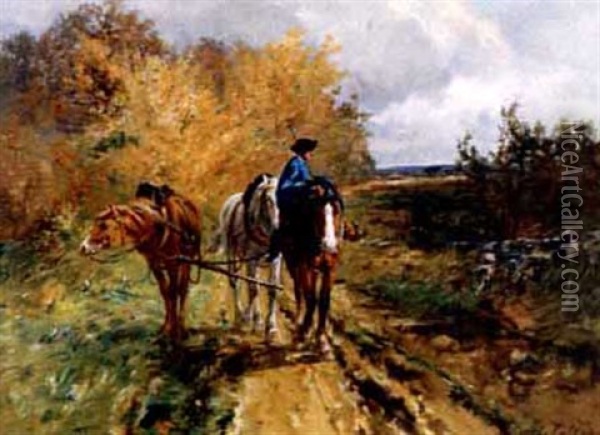 Farmer And Team On A Country Trail Oil Painting - Leon Georges Calves