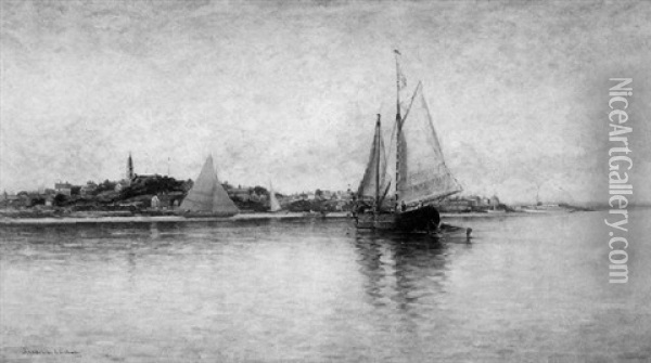 Schooners And Sailing Vessels Along An Animated Coastline Oil Painting - Hendricks A. Hallett