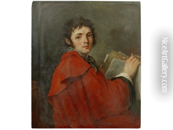 Portrait Of An Artist, Said To Be Vladimir Borovikovsky, Half-length, In A Red Coat, Holding A Folio Of Drawings Oil Painting - Johann Baptist Lampi the Elder