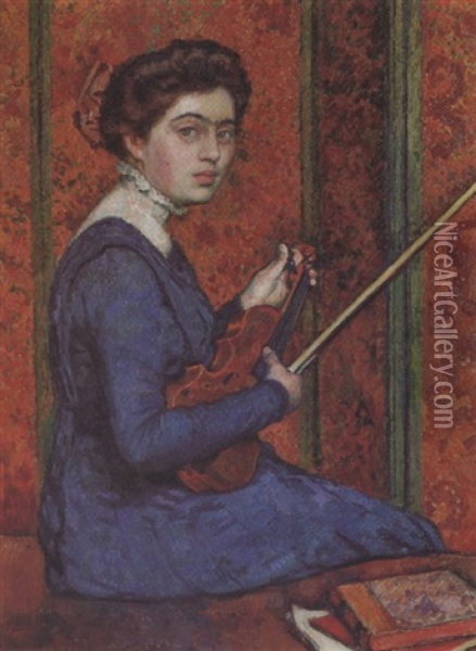 La Violoniste - Portrait De Renee Druet Oil Painting - Theo van Rysselberghe