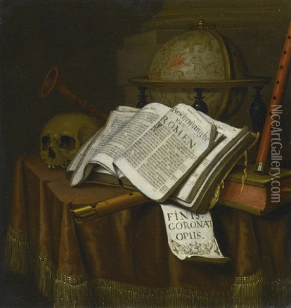 Vanitas Still Life With Astrological Globe, Musical Instruments, Skull, And Books On A Draped Table Oil Painting - Edward Collier