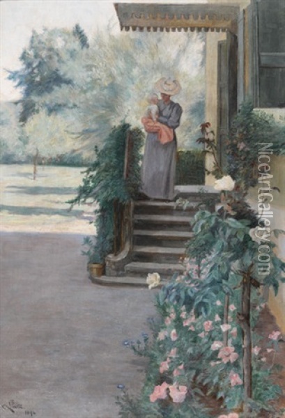 Mutter Mit Kind Vor Dem Hauseingang Oil Painting - Louis Patru