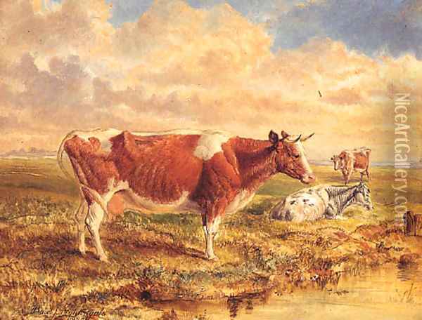 Cattle Resting In An Extensive River Landscape Oil Painting - Basil J. Nightingale
