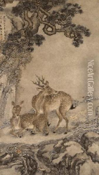 Deer And Pine Oil Painting - Shen Quan