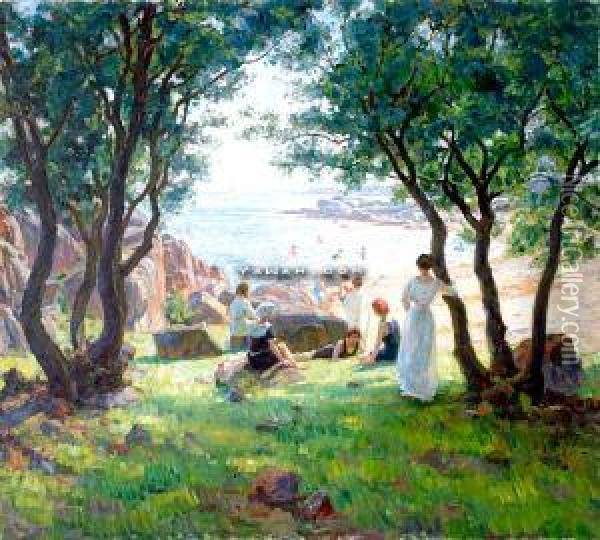Ved Stranden Olje Pa Lerret Oil Painting - Thorolf Holmboe