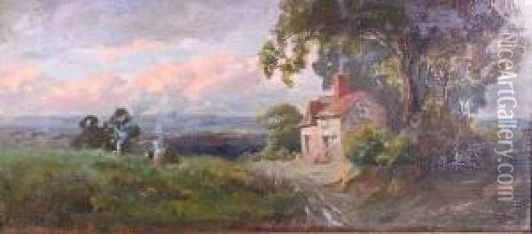 Pinwell, Rws 'a Cottage In An Extensivewooded Landscape' Oil Painting - George John Pinwell