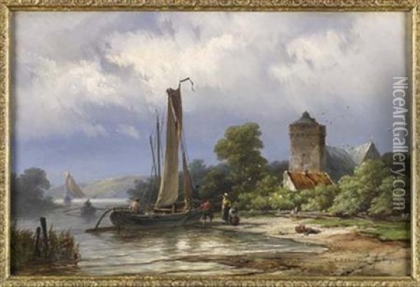 A Landing Place On The Yssel Oil Painting - Johannes Hermanus Barend Koekkoek