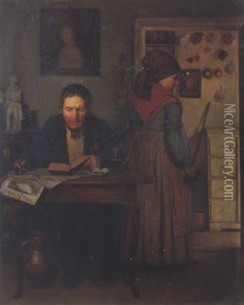 Erinnerung. Interieur Mit Lesendem Mann Und Einer Frau Oil Painting - Heinrich August Mansfeld