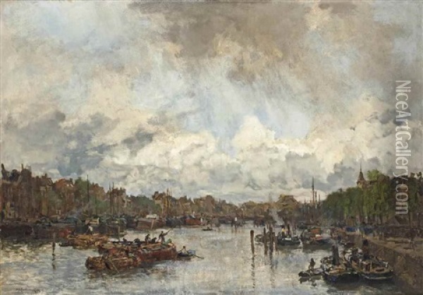 Een Regenbui, Rotterdam: A Harbour In Rotterdam Oil Painting - Johan Hendrik van Mastenbroek