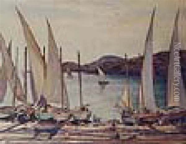 Fishing Boats In A Sunlit Harbour Oil Painting - Walter Westley (Sir) Russell
