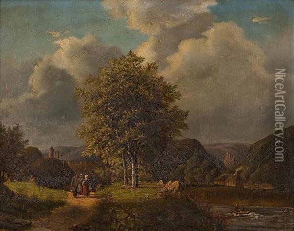 Flusslandschaft Mit Burg Und Figurenstaffage Oil Painting - Anthony Biester