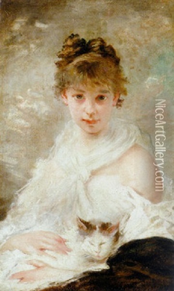 A Young Lady With Her Cat Oil Painting - Charles Joshua Chaplin