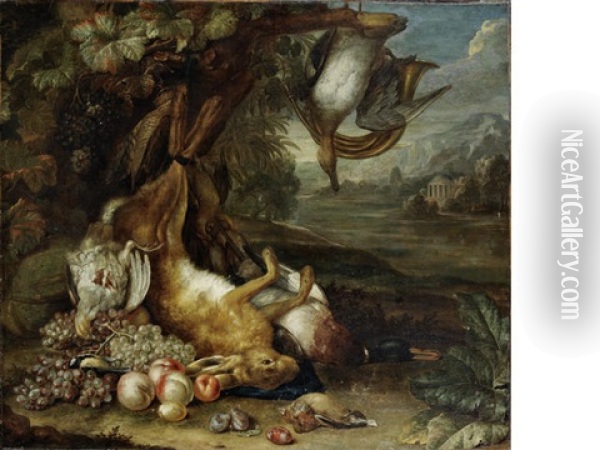 A Dead Hare With Fruit And Dead Birds At The Foot Of A Tree Oil Painting - Gerard Rysbraeck