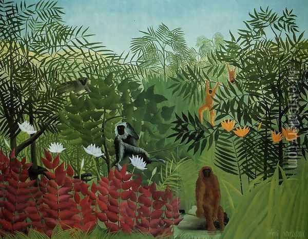 Tropical Forest With Apes And Snake Oil Painting - Henri Julien Rousseau