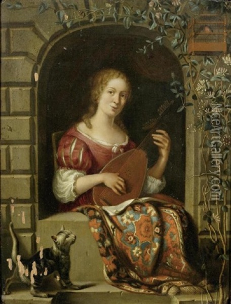 Laute Spielende Dame An Einem Fenster Oil Painting - Frans van Mieris the Elder