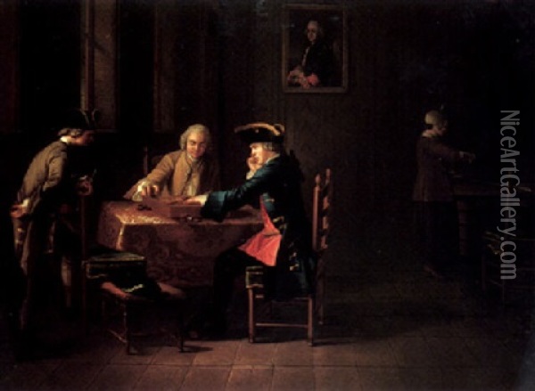 An Interior With Elegant Gentlemen Seated At A Table Playing Backgammon Oil Painting - Justus Juncker