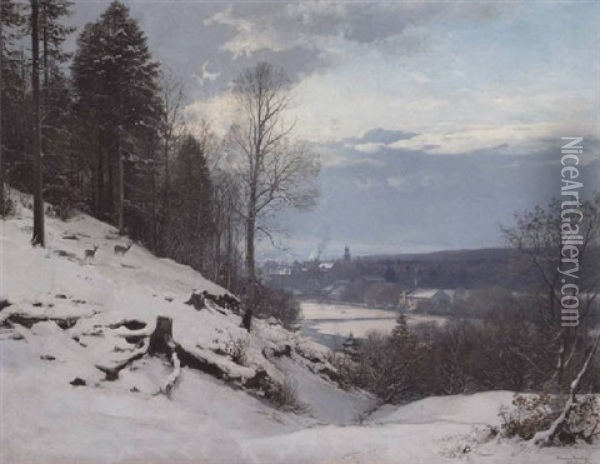 Vinterlandskab Med Munchen I Baggrunden Oil Painting - Anders Andersen-Lundby