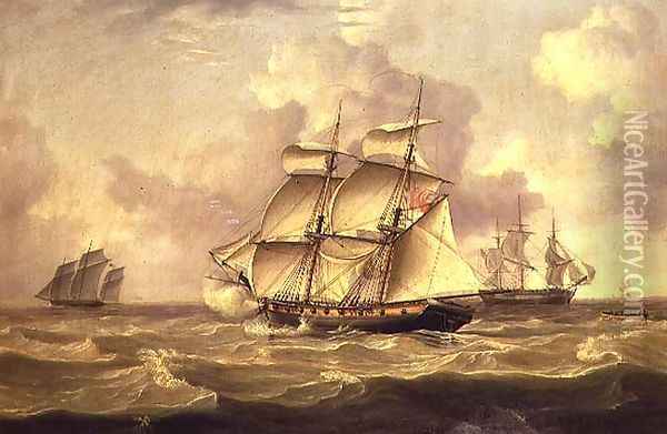 A British Gun Brig chasing a French Chasse Maree Oil Painting - Charles Martin Powell