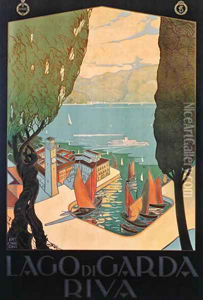 Poster of Lake Garda, printed by Barabino and Graeve, Genoa, c.1928 Oil Painting - Antonio Simeoni