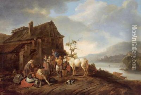 Del Xviii Secolo Cavaliere In Sosta E Altre Figure Di Fronte A Una Locanda Oil Painting - Pieter Wouwermans or Wouwerman