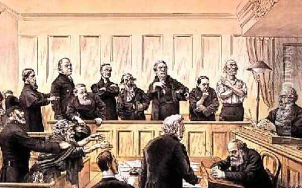 Scenes in the Liberal Union No 4 The Magistrate and the Refractory Casuals from St Stephens Review Presentation Cartoon 4 Dec 1886 Oil Painting - Tom Merry