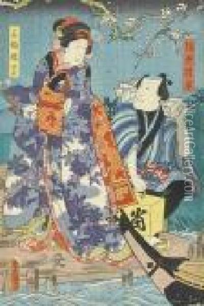 A Kabuki Triptych Oil Painting - Kunisada