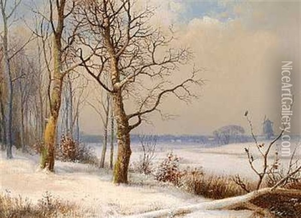 Vinterlandskab Med Molle I Baggrunden Oil Painting - Anders Andersen-Lundby