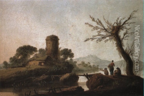 Italianate River Landscapes With Figures Oil Painting - Jean Baptiste Pillement