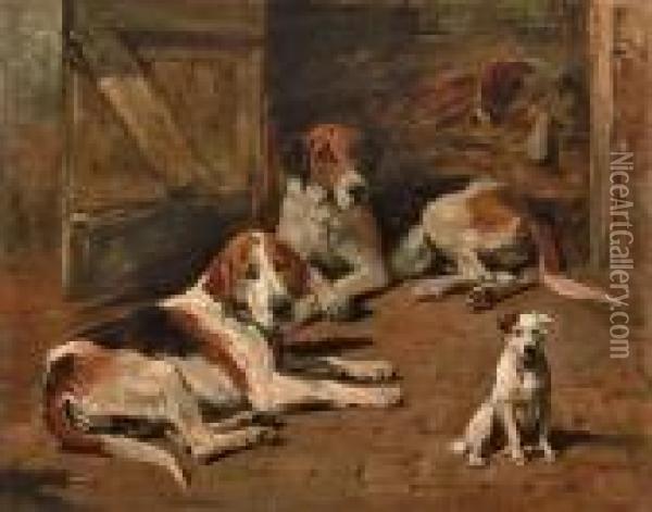 Hounds And A Terrier In A Stable Oil Painting - John Emms