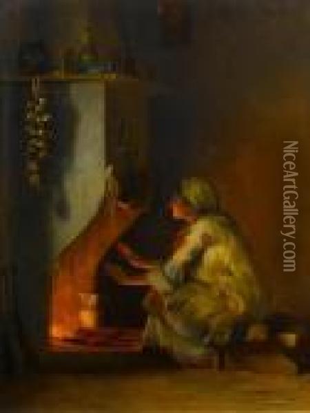 Young Girl By A Fire Oil Painting - Theodore Jacques Ralli