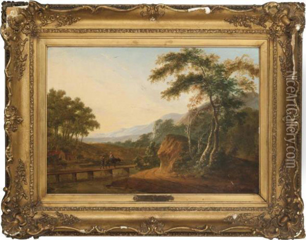 An Italianate Landscape With Two Travellers On A Bridge Oil Painting - Hendrick Wilhelm Schweikardt