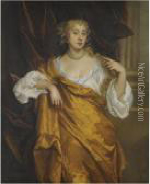 Portrait Of The Hon. Margaret Wharton, Wearing Gold Robes And Awhite Chemise Oil Painting - Sir Peter Lely