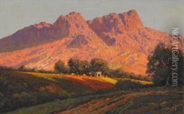 Sunset On Mountains Oil Painting - Tinus De Jong