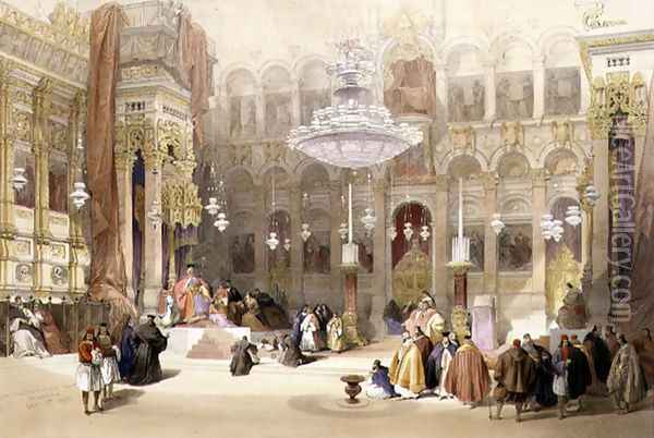 Greek Church of the Holy Sepulchre, Jerusalem, April 11th 1839, plate 4 from Volume I of The Holy Land, engraved by Louis Haghe 1806-85 pub. 1842 Oil Painting - David Roberts