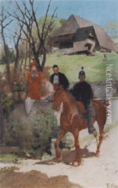 Dragoner Zu Pferd In Vorfruhlingslandschaft Oil Painting - Theodor Volmar