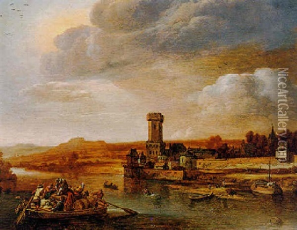 River Scene With A Ferry Boat And Castle Oil Painting - Herman Saftleven