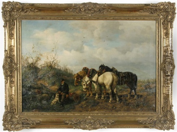 Fuhrmann Mit Seinen Pferden Bei Der Rast Oil Painting - Ludwig Benno Fay