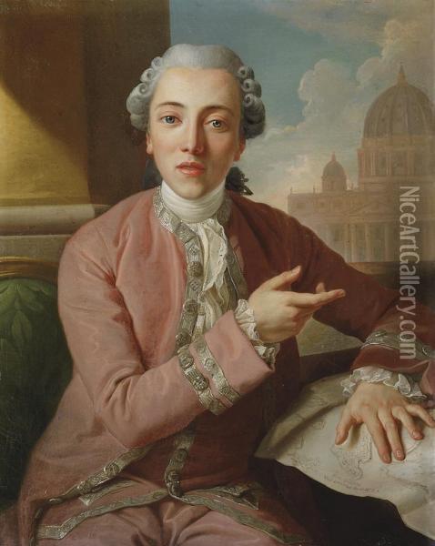 Portrait Of A Gentleman, Seated, Half-length, In A Silver-trimmed Pink Coat And A Powdered Wig, With A Plan Of Valletta And A Domed Church Beyond Oil Painting - Antoine de Favray