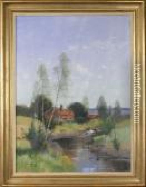 Insjolandskap Med Stuga Oil Painting - Carl Brandt