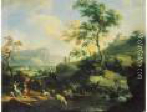 Paysage Aux Bergeres Et Au Troupeau. Oil Painting - Pierre Salomon Domenchin De Chavannes