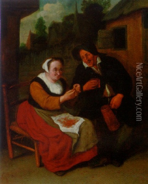 A Woman Peeling Shrimps For A Man Before A Cottage Oil Painting - Cornelis Dusart