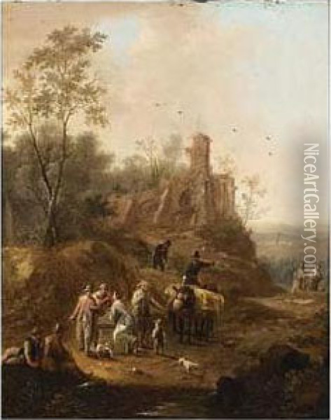A Hilly Landscape With A Horse-drawn Wagon And Travellers Conversing On Oil Painting - Franz Ferg