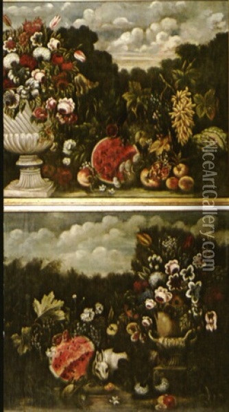 Bouquet De Fleurs Et Fruits Dans Un Paysage (pair) Oil Painting - Abraham Brueghel