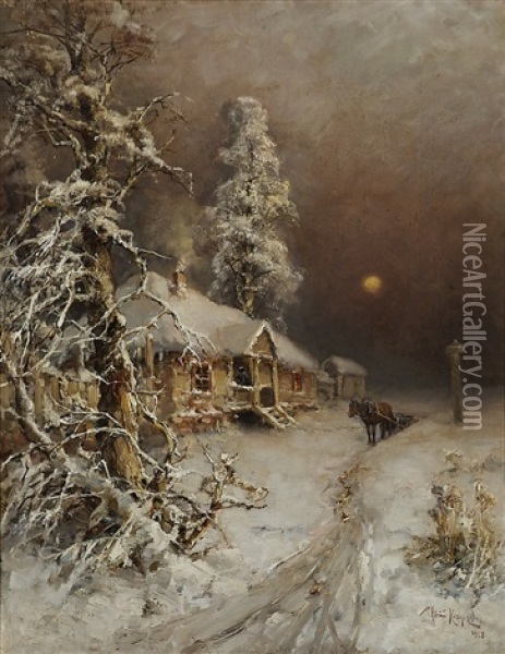 Horseman In A Sleeping Village Oil Painting - Yuliy Yulevich (Julius) Klever