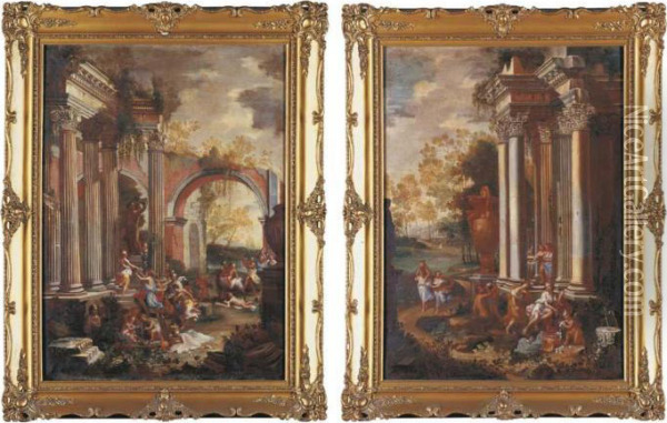 Bacchanals Amongst Classical Ruins Oil Painting - Alberto Carlieri