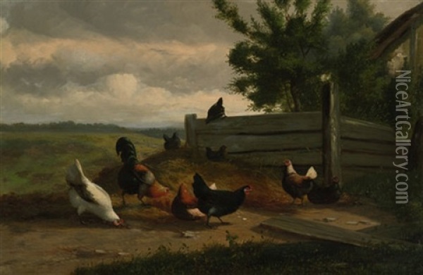 Huhner In Einer Landschaft Bei Einem Bauernhof Oil Painting - Jef Louis Van Leemputten