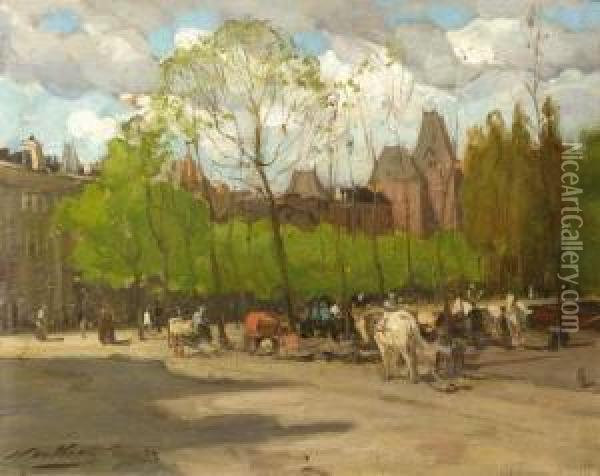 A View Of The Rijksmuseum, Amsterdam, With Horse-drawn Carriages On The Stadhouderskade Oil Painting - Nicolaas Van Der Waay