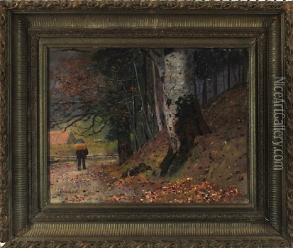 Wanderer Am Herbstlichen Waldrand Mit Blick Auf Ein Gehoft Oil Painting - Rudolf Hirth Du Frenes