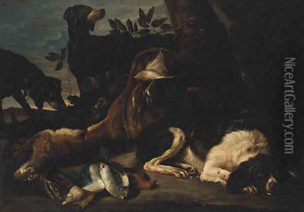 A Hunt Still Life with Hounds and a Spaniel guarding dead Game Oil Painting - David de Coninck